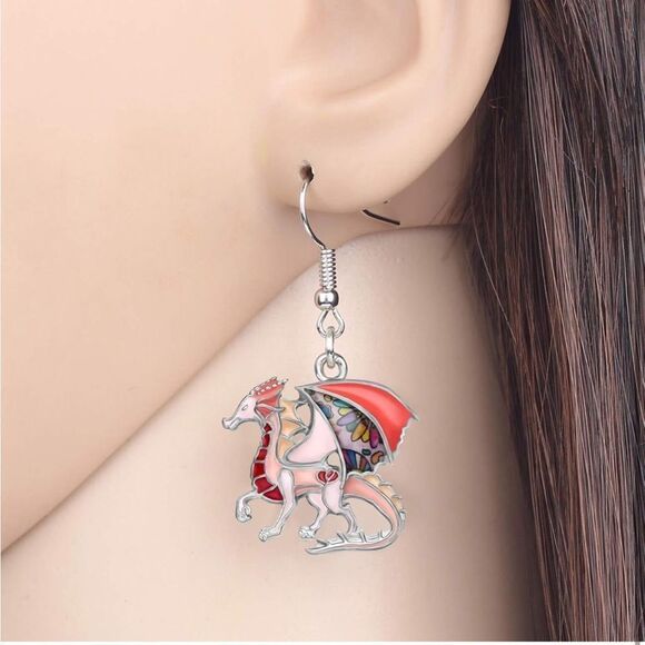 Silver and Multicolor Enamel Mythical Dragon Dangling French Wire Hook Earrings - Picture 4 of 5